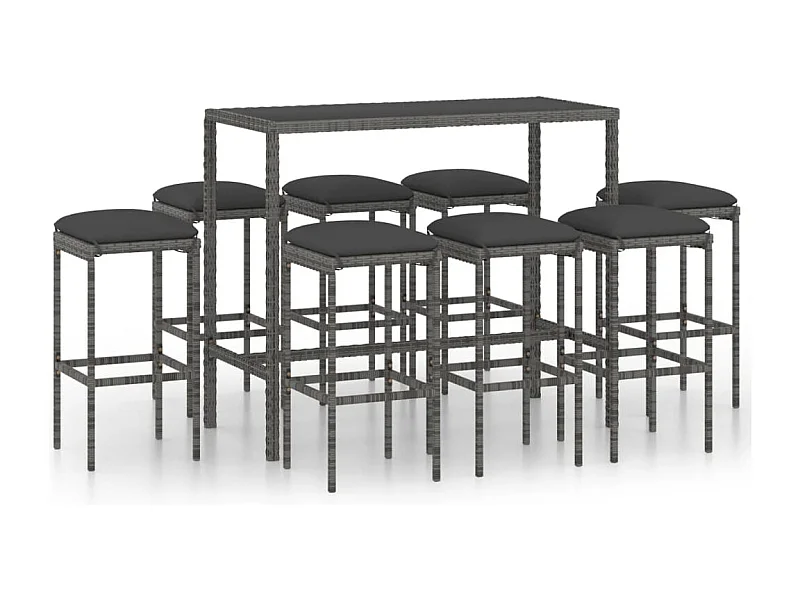 Mary  Set muebles bar jardín 9 piezas y cojines ratán sintético gris