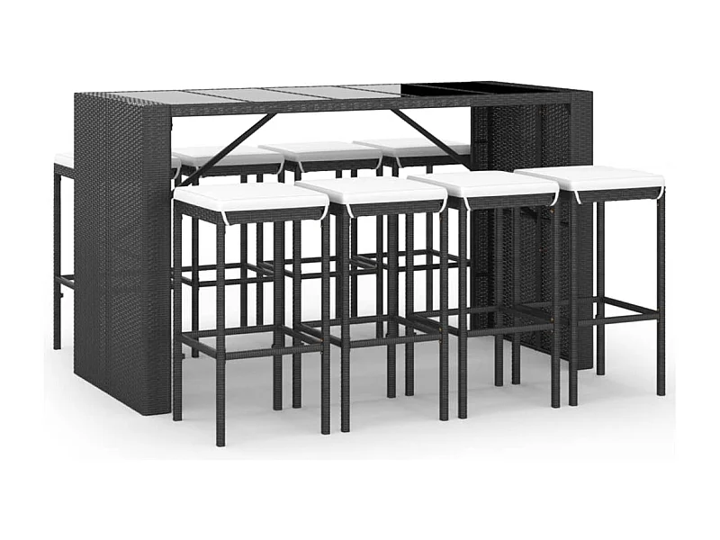 Grylin  Mesa y taburetes altos jardín 9 piezas y cojines ratán PE negro
