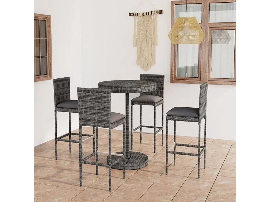 Ildir  Ensemble de bar de jardin 5 pcs et coussins Résine tressée Gris
