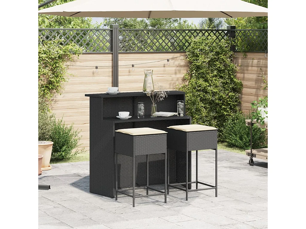 Inarin  Ensemble de bar de jardin 3 pcs avec coussins noir poly rotin