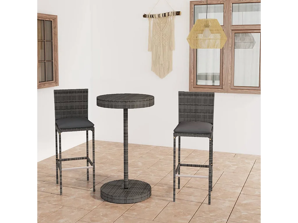 Ildir  Ensemble de bar de jardin 3 pcs et coussins Résine tressée Gris