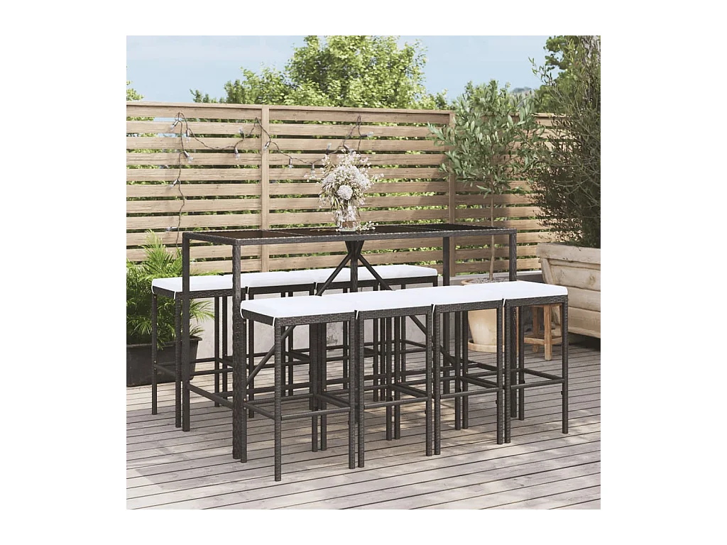 Eliron  Ensemble de bar de jardin 9 pcs avec coussins noir poly rotin