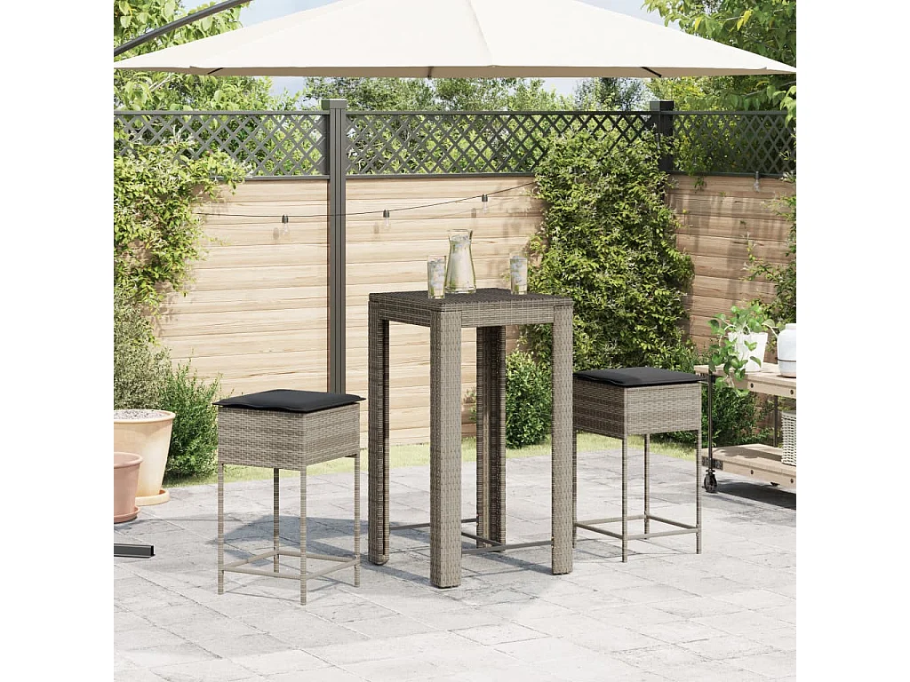 Sandra  Ensemble de bar de jardin 3 pcs et coussins gris résine tressée