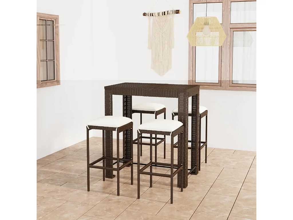 Elisah  Meuble de bar de jardin 5 pcs et coussins Résine tressée Marron