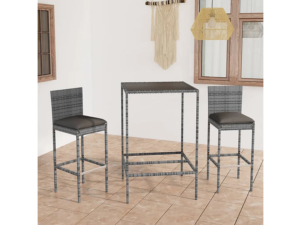 Helyra  Ensemble de bar de jardin 3 pcs et coussins Résine tressée Gris