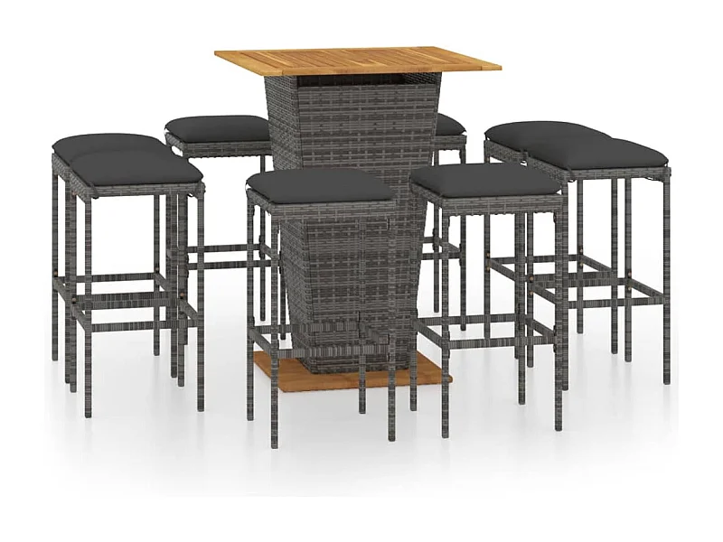 Gela  Ensemble de bar de jardin 9 pcs et coussins Résine tressée Gris