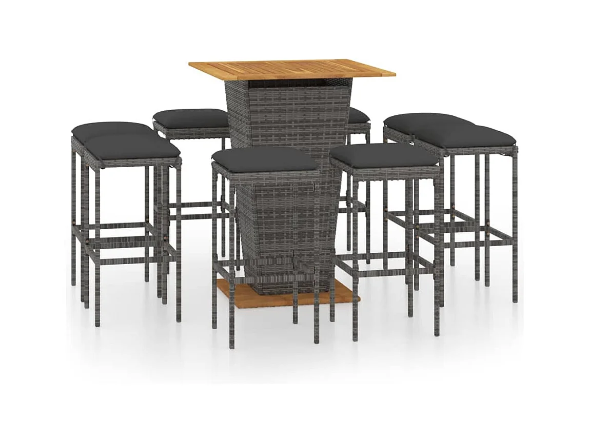 Gela  Ensemble de bar de jardin 9 pcs et coussins Résine tressée Gris