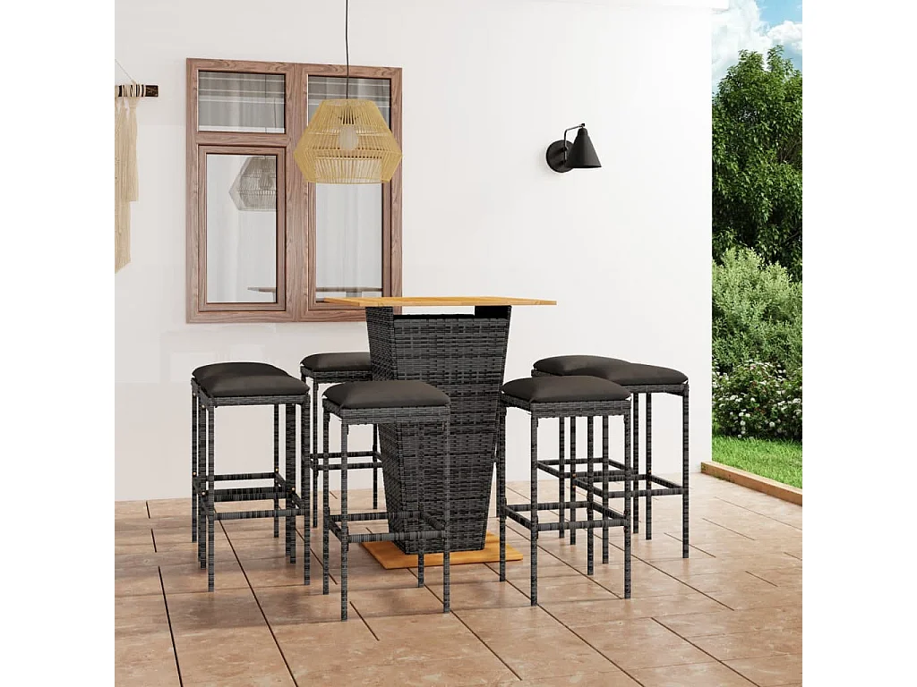 Gela  Ensemble de bar de jardin 9 pcs et coussins Résine tressée Gris
