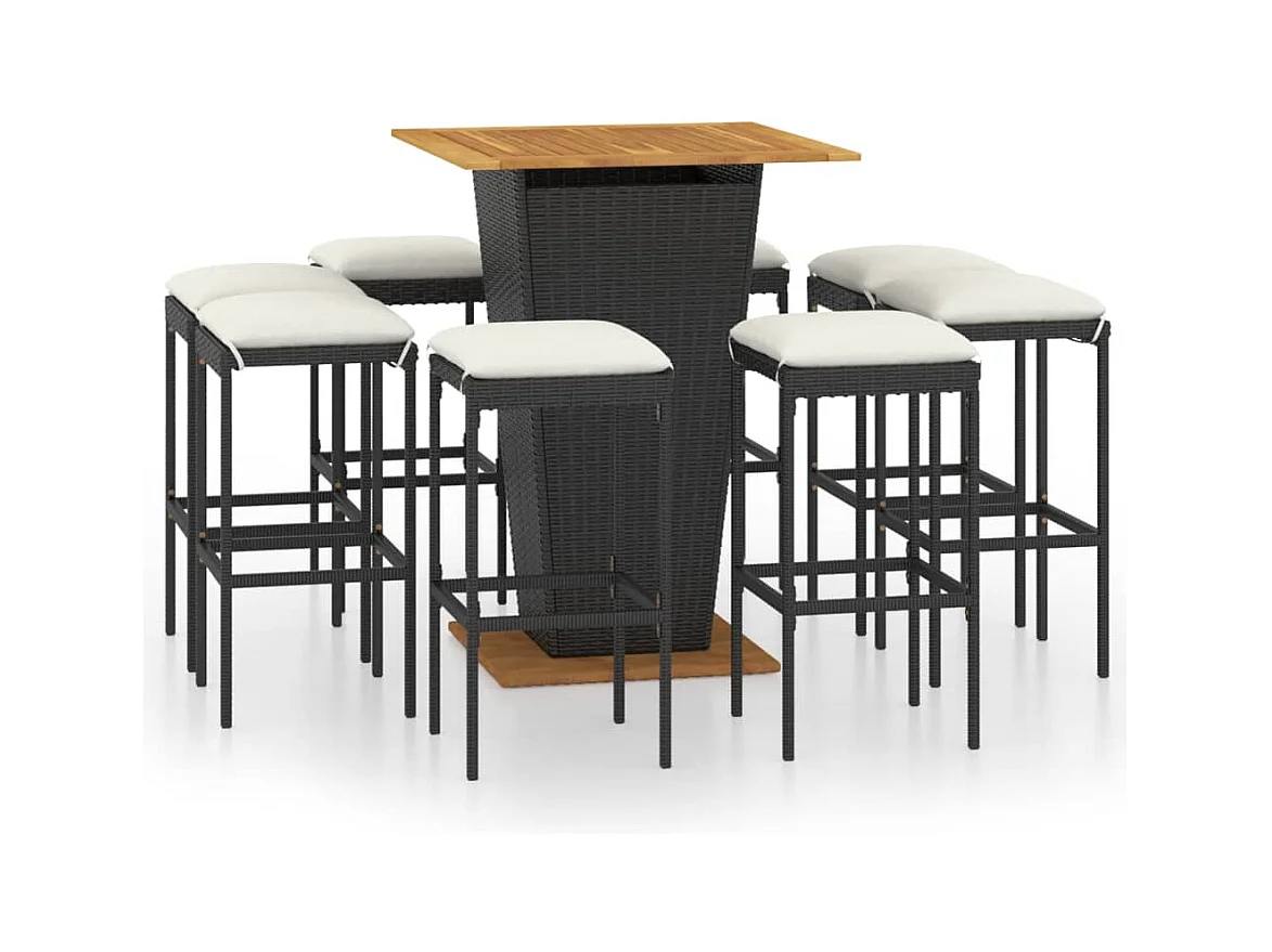 Gela  Ensemble de bar de jardin 9 pcs et coussins Résine tressée Noir