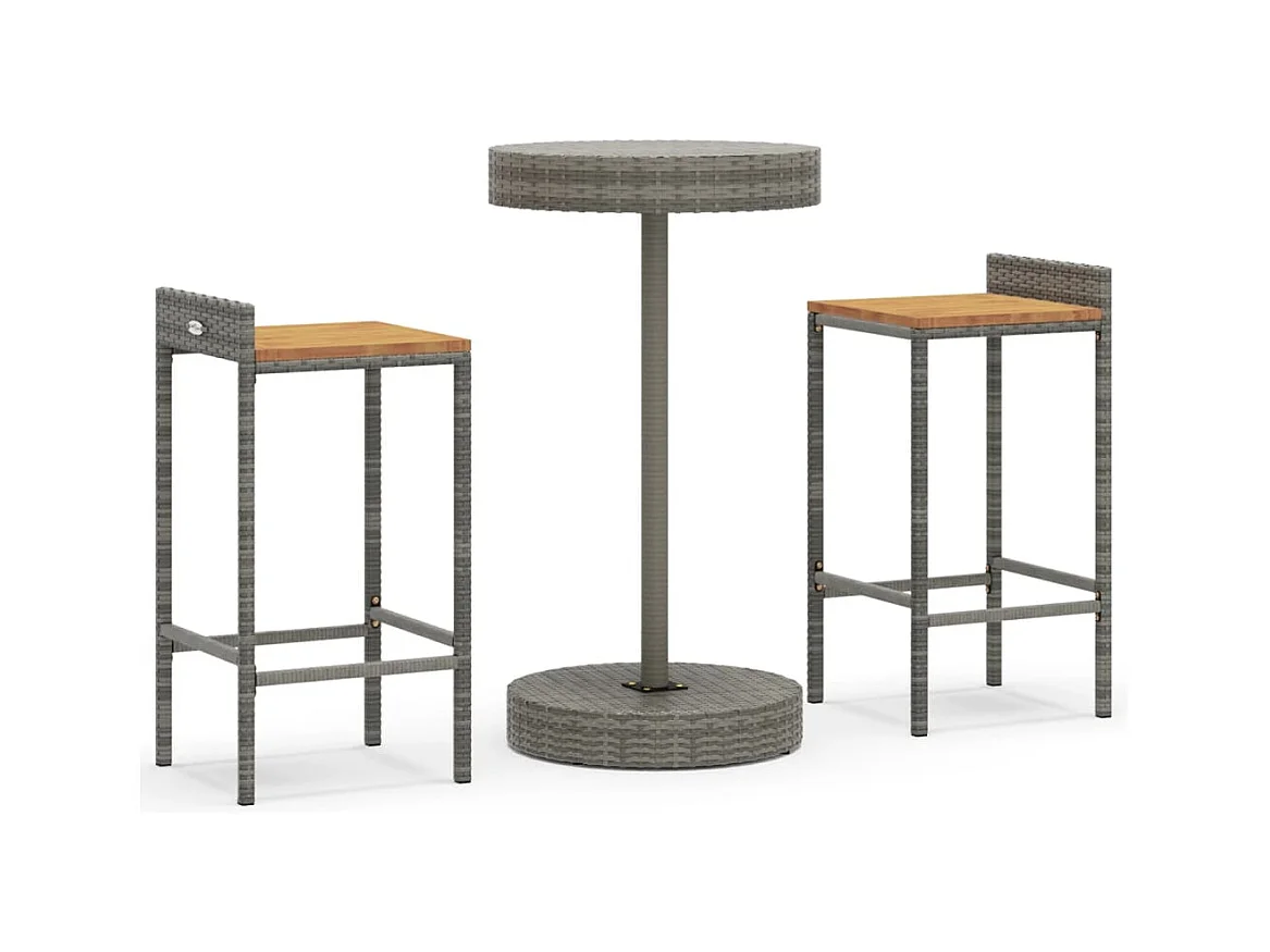 Pierre-Guillaume  Ensemble de bar jardin 3 pcs gris poly rotin/bois massif acacia