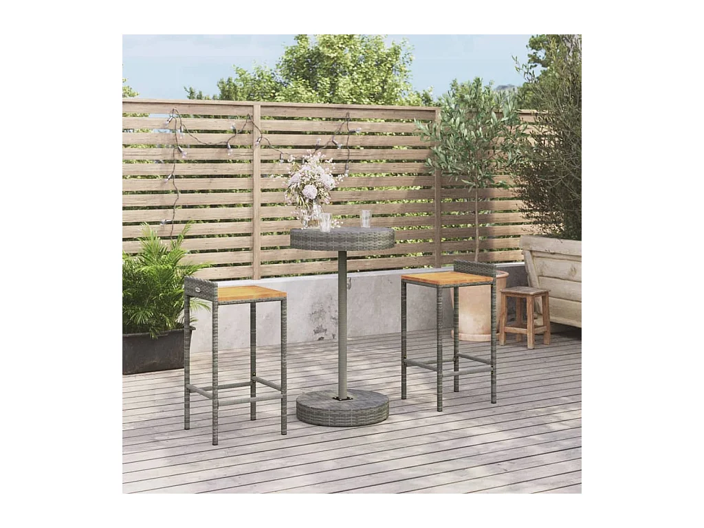 Pierre-Guillaume  Ensemble de bar jardin 3 pcs gris poly rotin/bois massif acacia