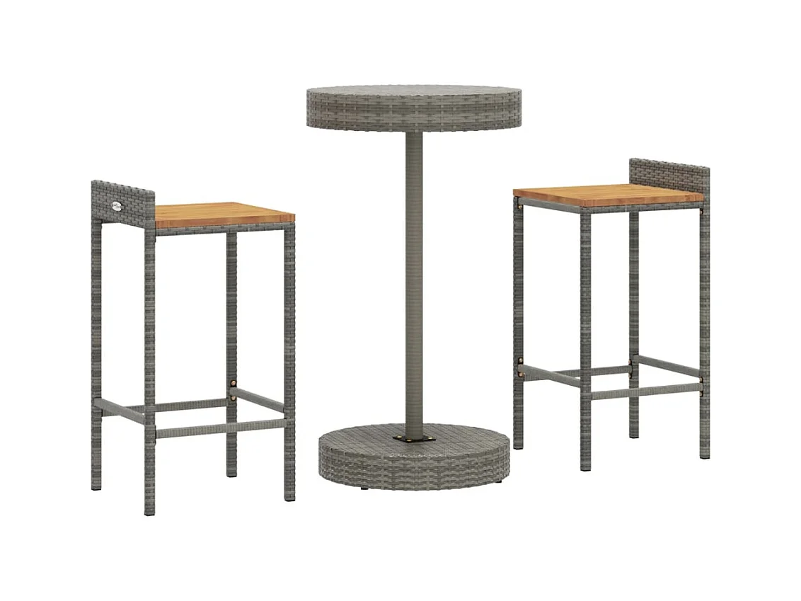 Pierre-Guillaume  Ensemble de bar jardin 3 pcs gris poly rotin/bois massif acacia