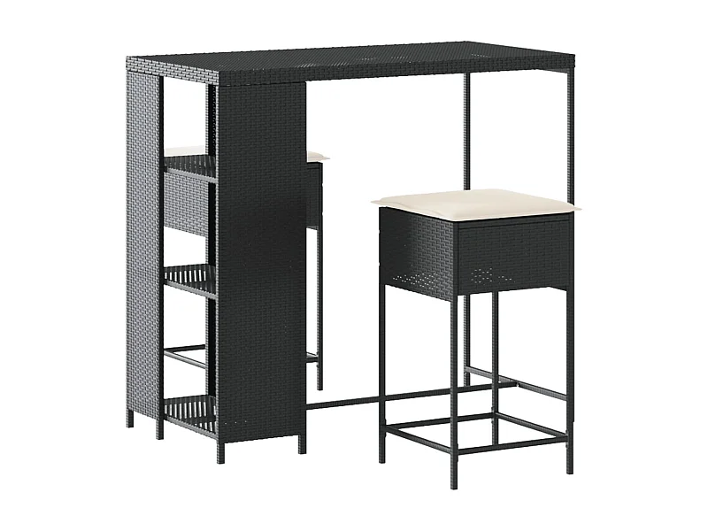 Kella  Ensemble de bar de jardin 3 pcs avec coussins noir poly rotin