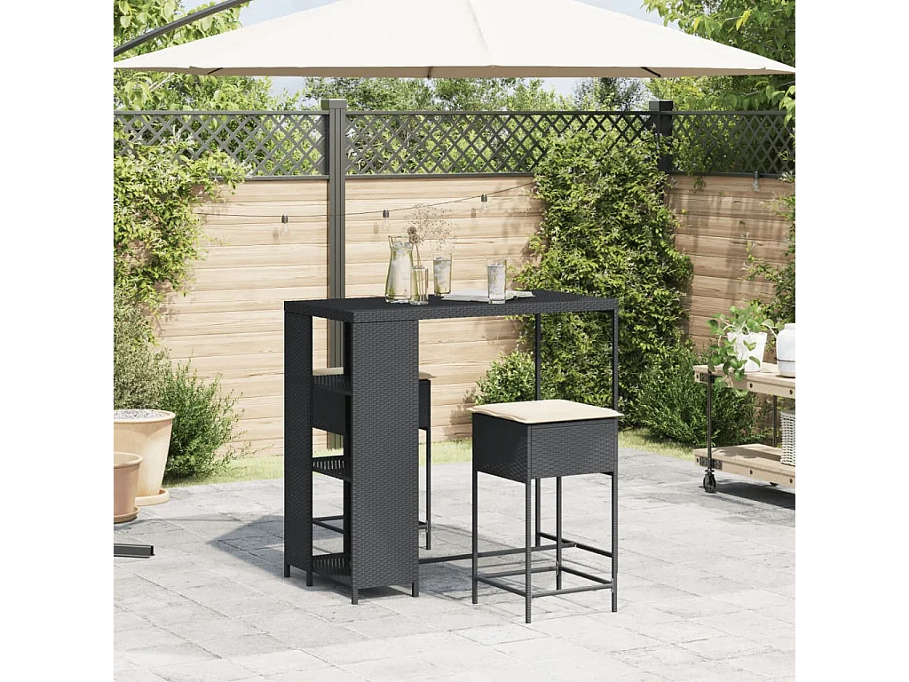 Kella  Ensemble de bar de jardin 3 pcs avec coussins noir poly rotin