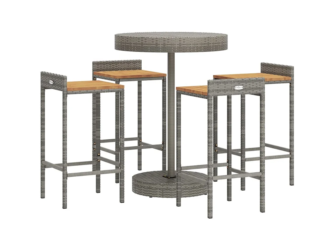 Pierre-Guillaume  Ensemble de bar jardin 5 pcs gris poly rotin/bois massif acacia