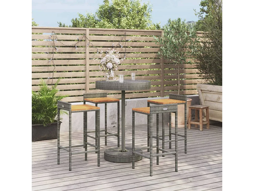 Pierre-Guillaume  Ensemble de bar jardin 5 pcs gris poly rotin/bois massif acacia