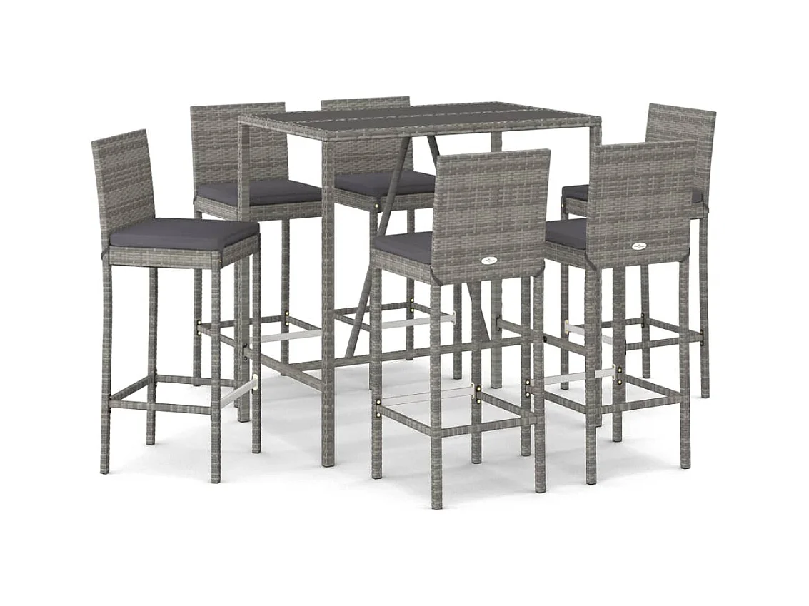 Danick  Ensemble de bar de jardin 7 pcs avec coussins gris poly rotin