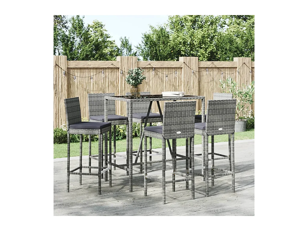 Danick  Ensemble de bar de jardin 7 pcs avec coussins gris poly rotin