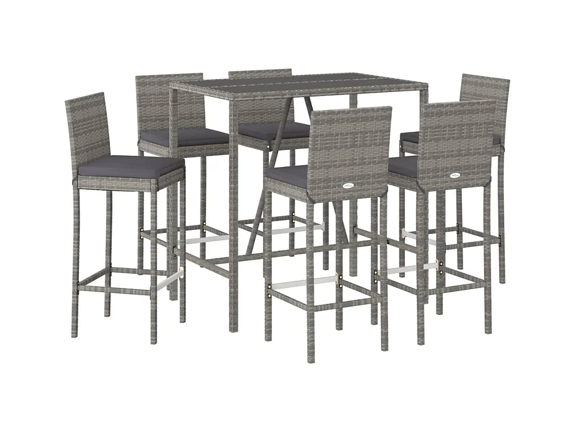 Danick  Ensemble de bar de jardin 7 pcs avec coussins gris poly rotin
