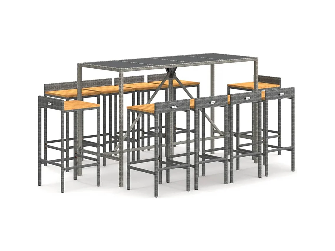 Vraldir  Ensemble de bar jardin 11pcs gris poly rotin/bois massif acacia