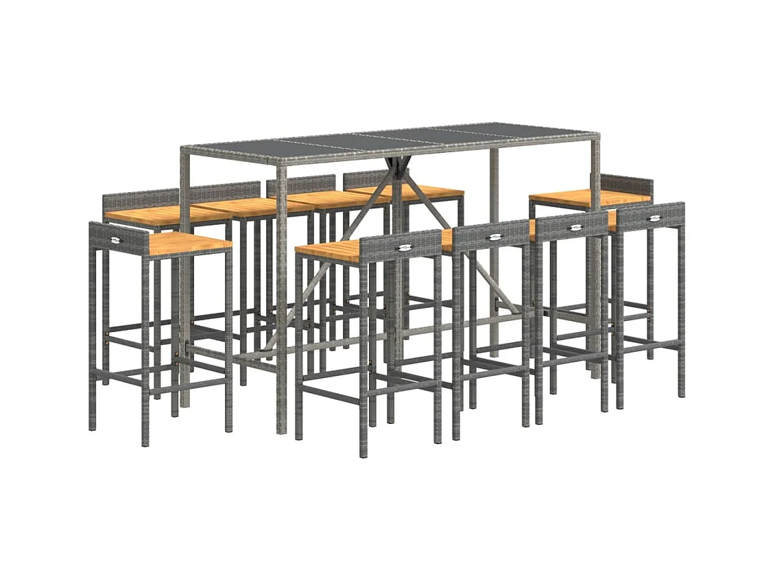 Vraldir  Ensemble de bar jardin 11pcs gris poly rotin/bois massif acacia