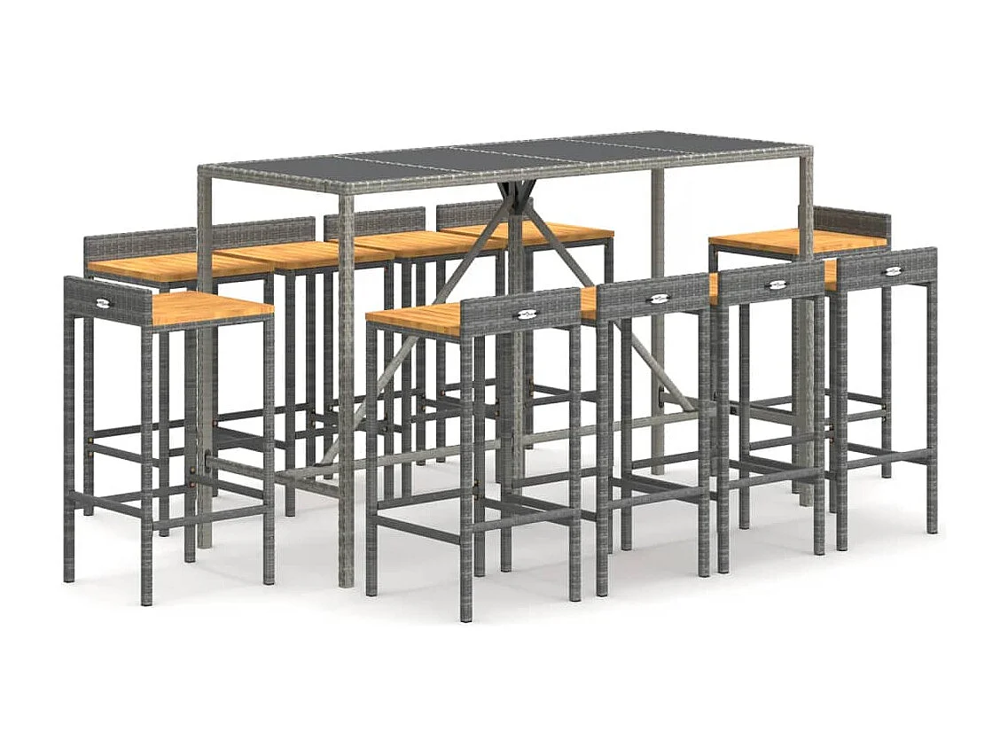 Vraldir  Ensemble de bar jardin 11pcs gris poly rotin/bois massif acacia