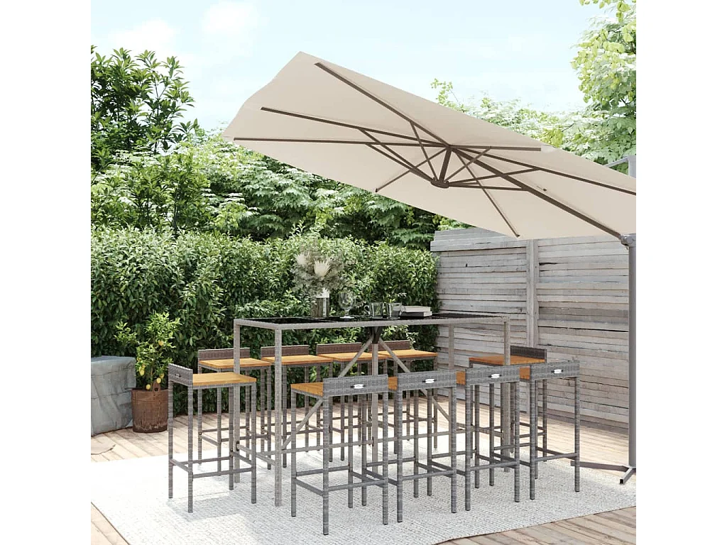 Vraldir  Ensemble de bar jardin 11pcs gris poly rotin/bois massif acacia