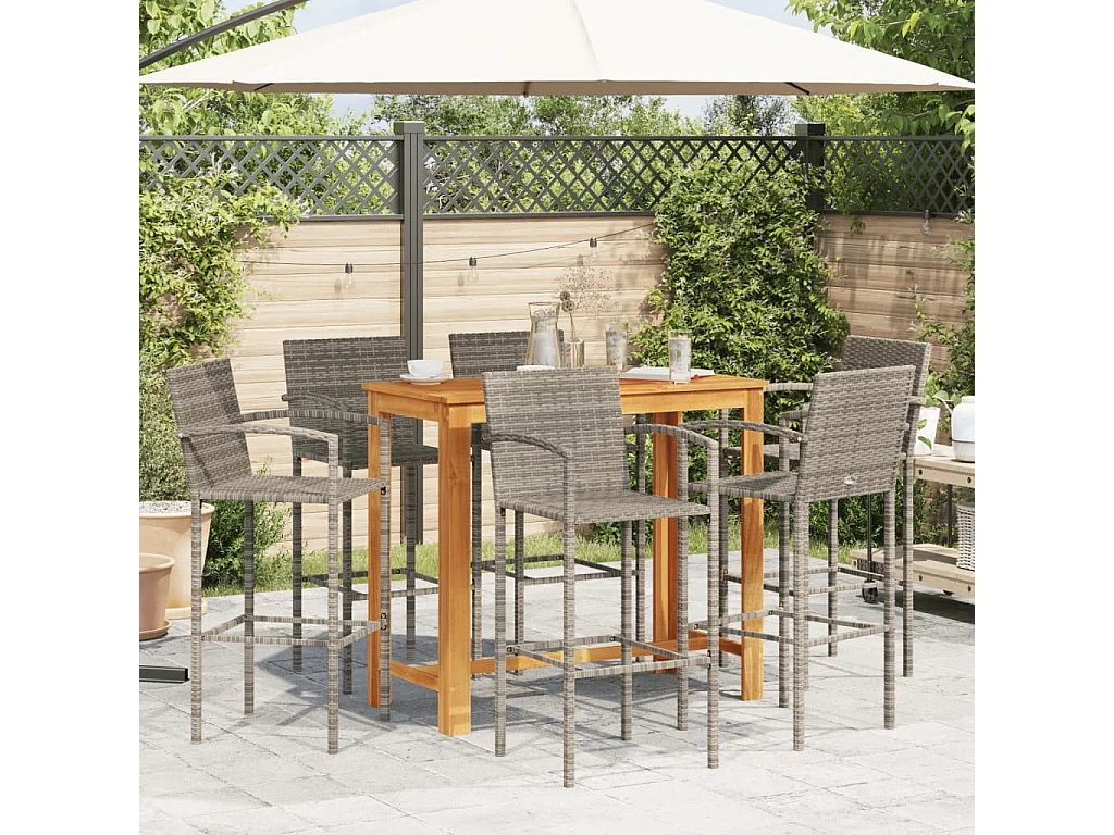 Kusti  Ensemble de bar de jardin 7 pcs gris bois massif acacia rotin