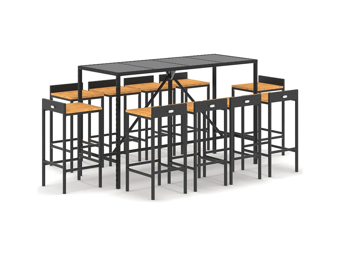 Vraldir  Ensemble de bar jardin 11pcs noir poly rotin/bois massif acacia