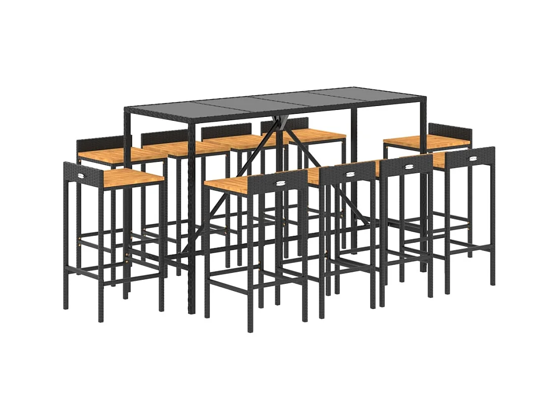 Vraldir  Ensemble de bar jardin 11pcs noir poly rotin/bois massif acacia