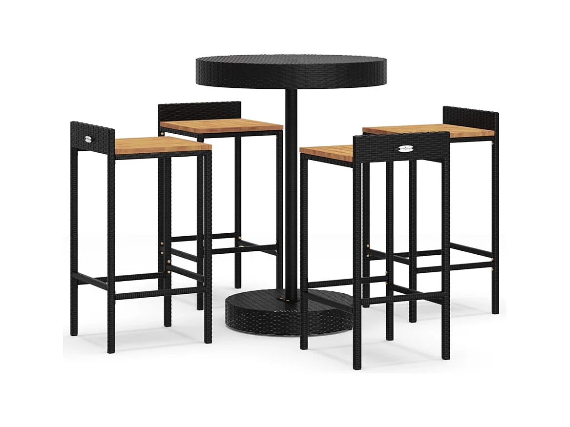 Pierre-Guillaume  Ensemble de bar jardin 5 pcs noir poly rotin/bois massif acacia