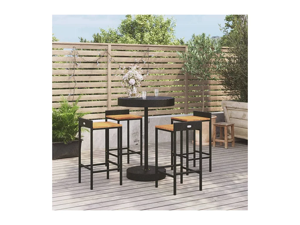 Pierre-Guillaume  Ensemble de bar jardin 5 pcs noir poly rotin/bois massif acacia