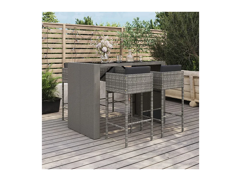Vjorn  Ensemble de bar de jardin 5 pcs avec coussins gris poly rotin