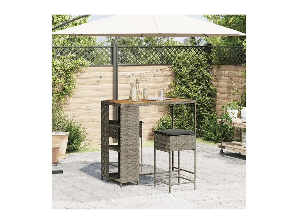 Kella  Ensemble de bar de jardin 3 pcs et coussins gris résine tressée