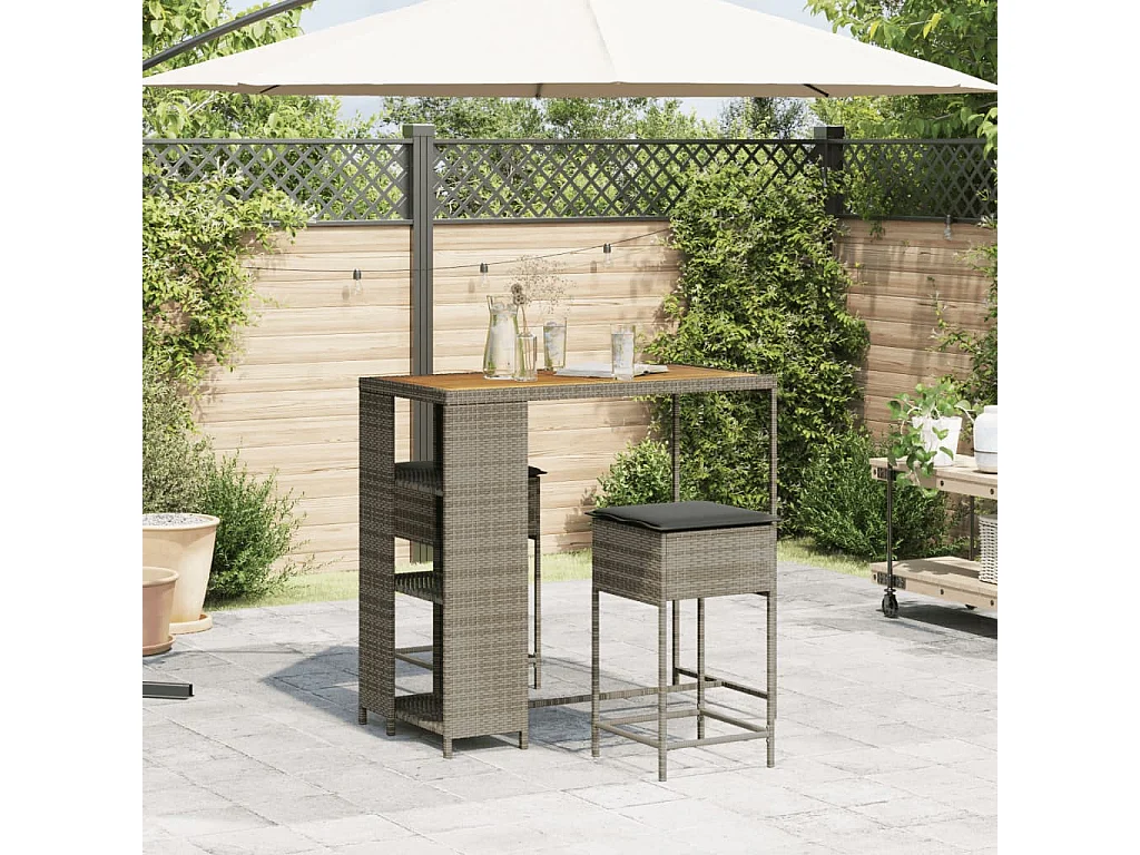 Kella  Ensemble de bar de jardin 3 pcs et coussins gris résine tressée