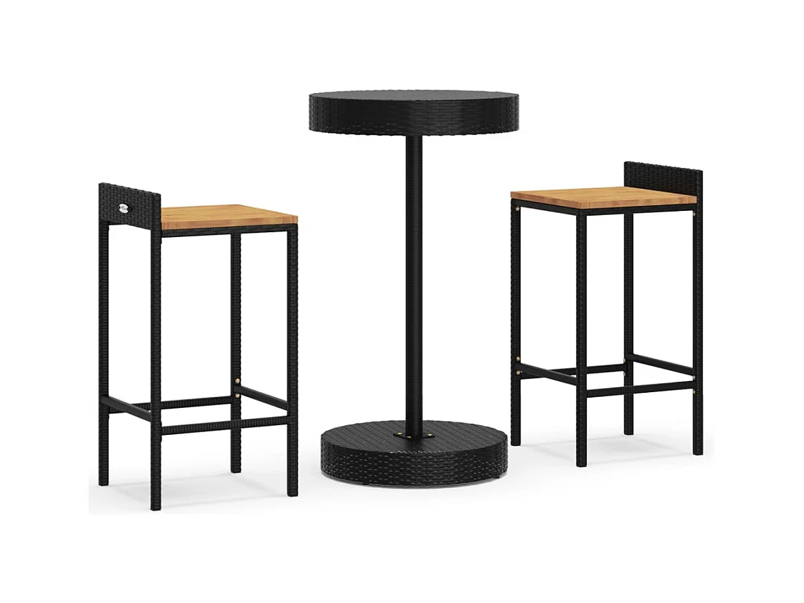 Pierre-Guillaume  Ensemble de bar jardin 3 pcs noir poly rotin/bois massif acacia
