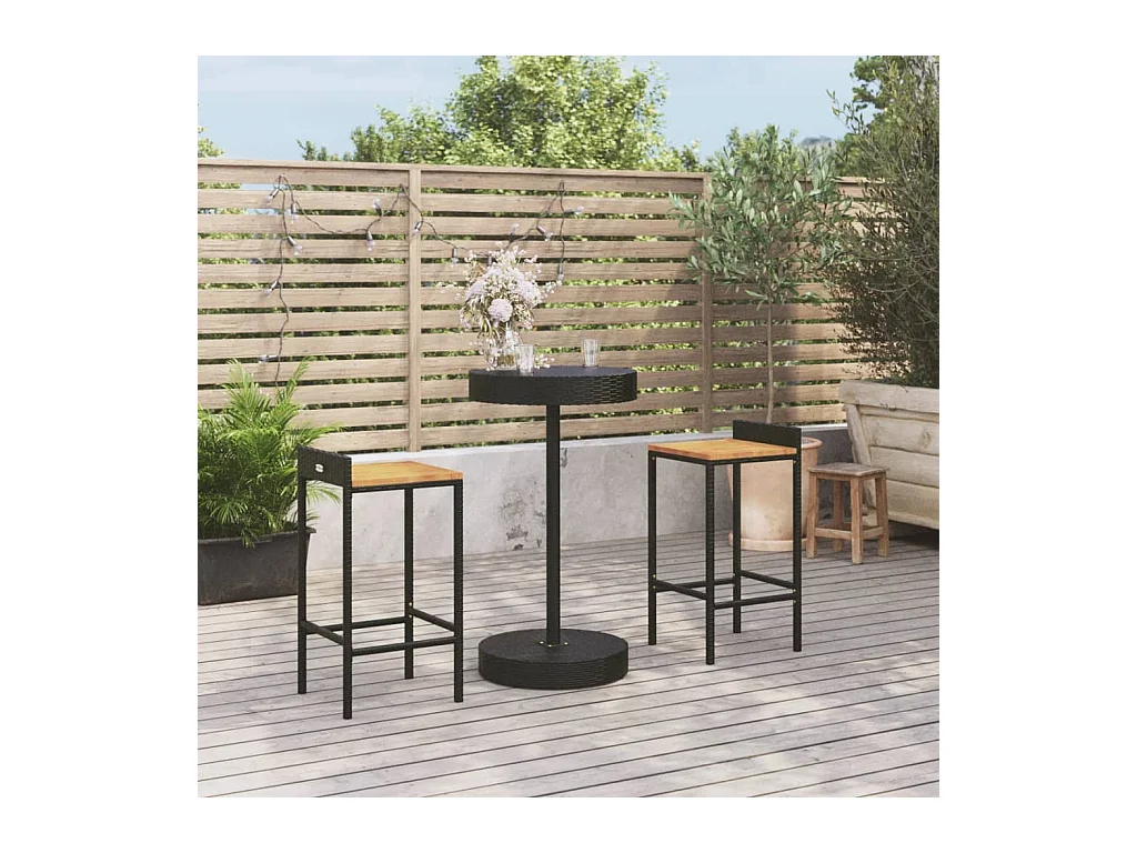 Pierre-Guillaume  Ensemble de bar jardin 3 pcs noir poly rotin/bois massif acacia