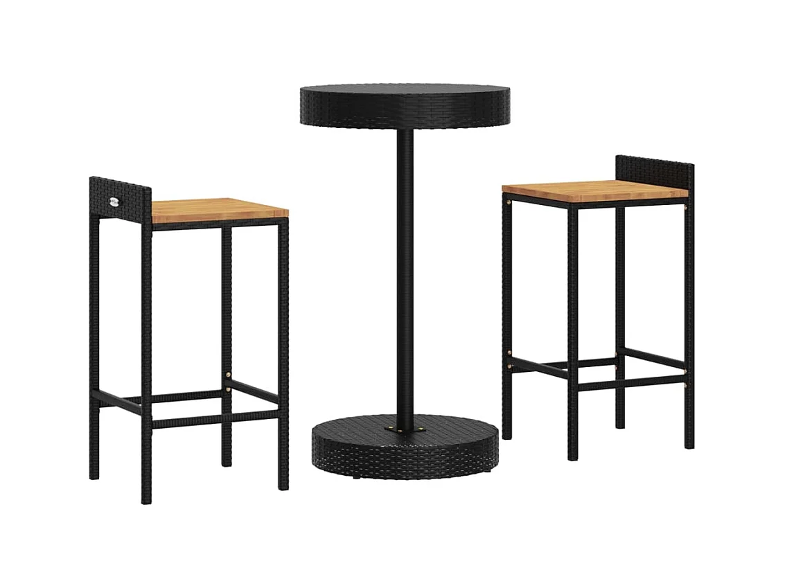 Pierre-Guillaume  Ensemble de bar jardin 3 pcs noir poly rotin/bois massif acacia