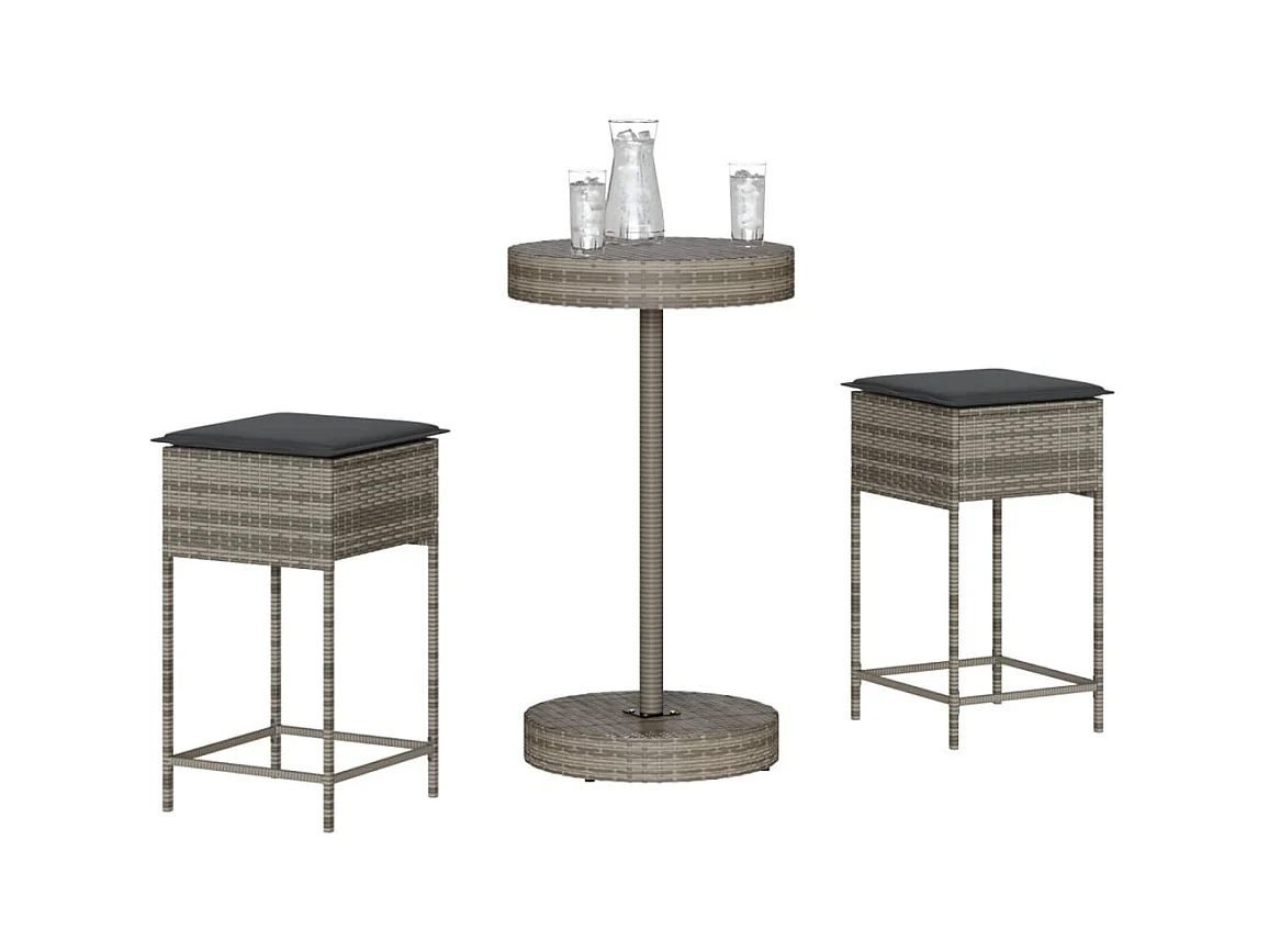Hoboken  Ensemble de bar de jardin 3 pcs et coussins gris résine tressée