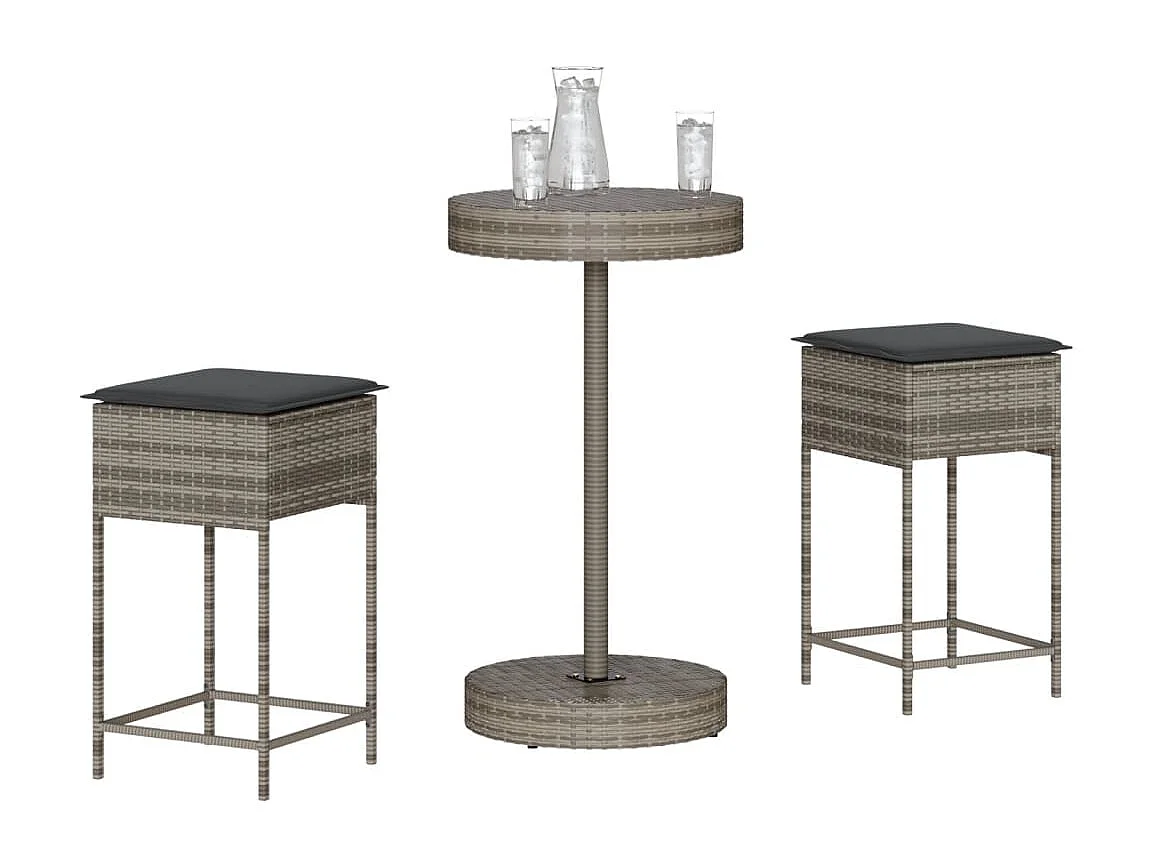 Hoboken  Ensemble de bar de jardin 3 pcs et coussins gris résine tressée