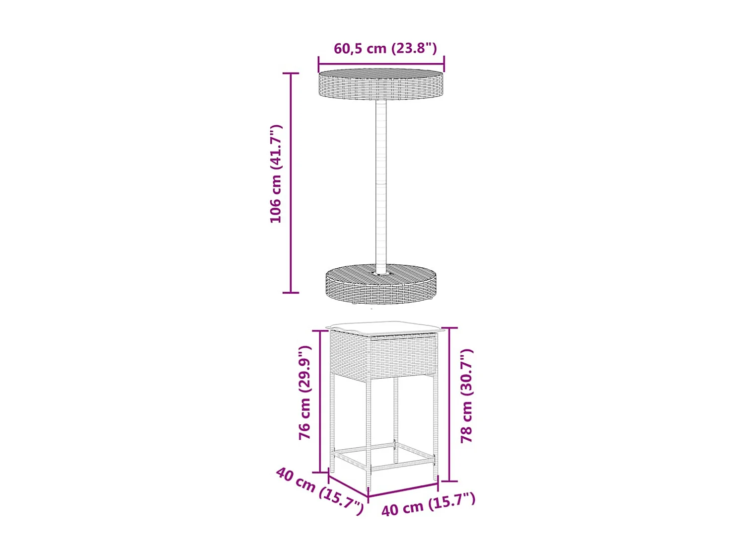 Hoboken  Ensemble de bar de jardin 3 pcs et coussins gris résine tressée