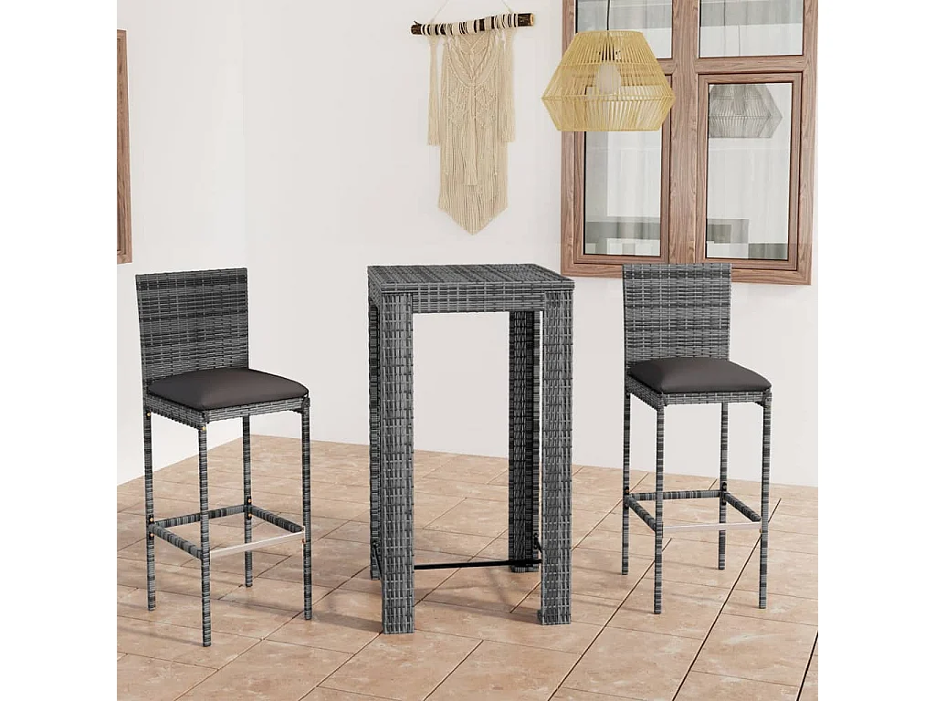 Elk City  Ensemble de bar de jardin 3 pcs et coussins Résine tressée Gris