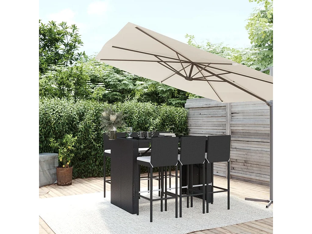 Eva Lynn  Ensemble de bar de jardin 7 pcs avec coussins noir poly rotin