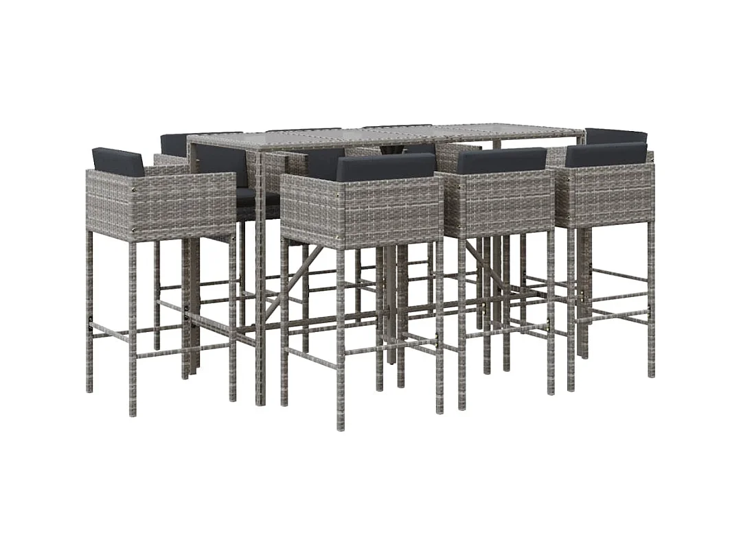 Suisun City  Ensemble de bar de jardin 9 pcs avec coussins gris poly rotin