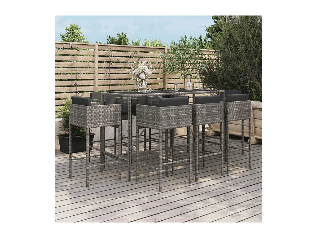 Suisun City  Ensemble de bar de jardin 9 pcs avec coussins gris poly rotin