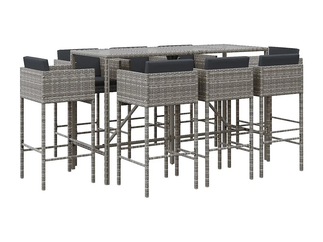 Suisun City  Ensemble de bar de jardin 9 pcs avec coussins gris poly rotin