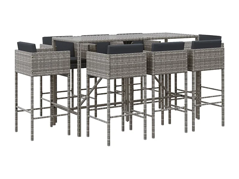 Suisun City  Ensemble de bar de jardin 9 pcs avec coussins gris poly rotin