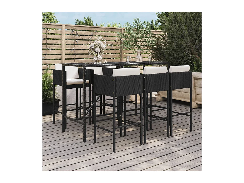 Suisun City  Ensemble de bar de jardin 7 pcs avec coussins noir poly rotin