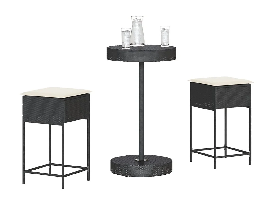 Hoboken  Ensemble de bar de jardin 3 pcs avec coussins noir poly rotin