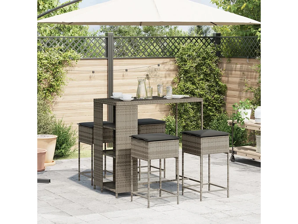 Kella  Ensemble de bar de jardin 5 pcs avec coussins gris poly rotin